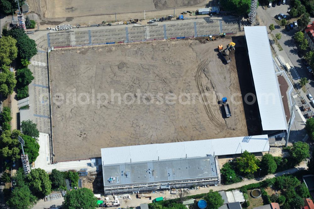 Potsdam Babelsberg from above - Baustelle vom Umbau des Karl-Liebknecht-Stadion in Babelsberg. Das Fußball-Stadion ist Heimspielstätte des SV Babelsberg 03 und des 1. FFC Rurbine Potsdam. Construction site of the rebuilding of the Stadium Karl-Liebknecht in Babelsberg.