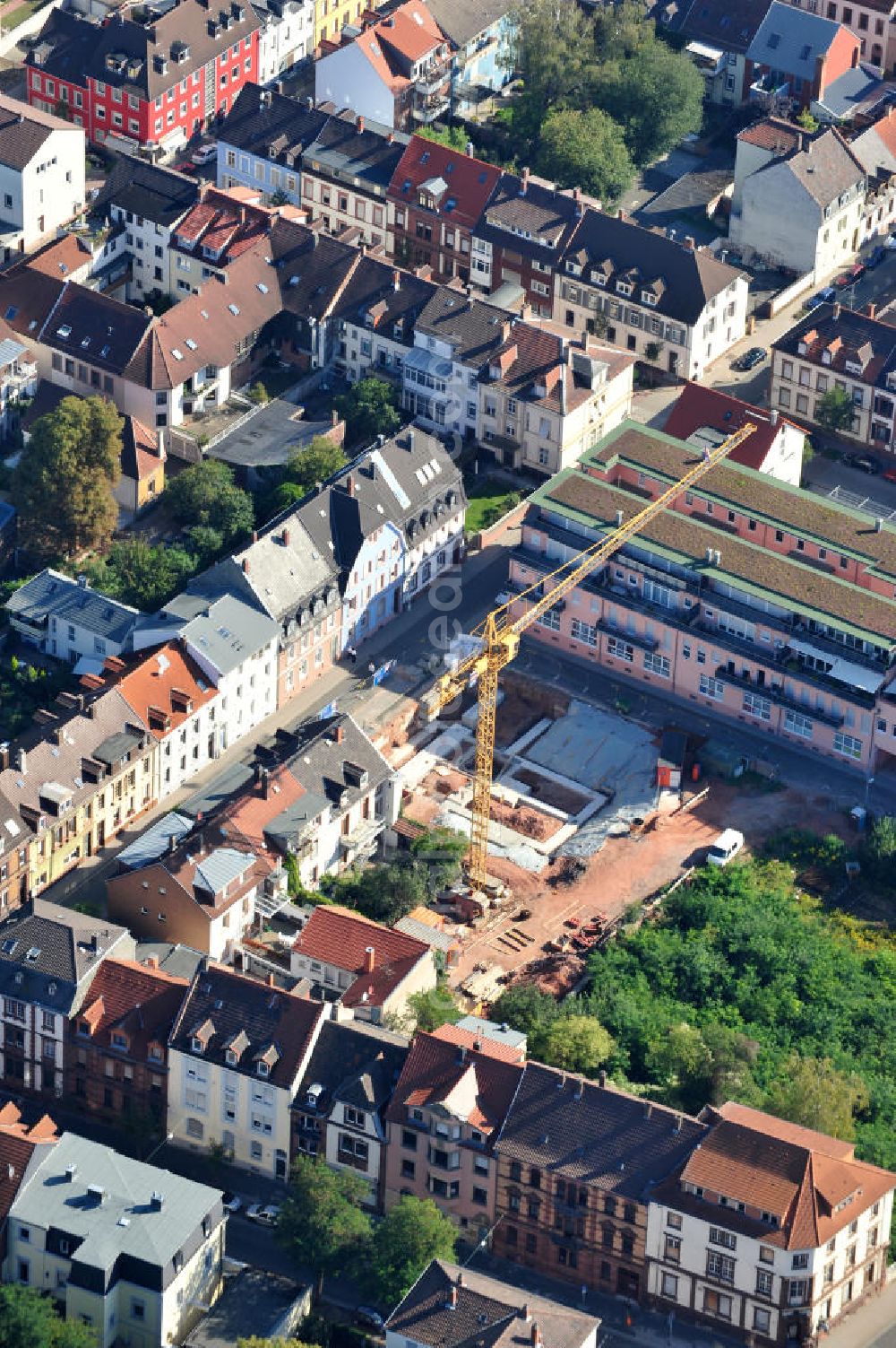 Kaiserslautern from above - View at the construction site of the kindergarden Kleine Strolche and the outsite area. The building is built on the former ground of Münch hospital in Park street. Main investor is the city of Kaiserslautern