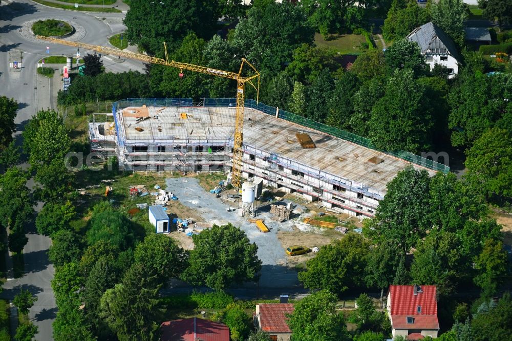 Bernau from above - New construction site for the construction of a kindergarten building and Nursery school Sternekieker on Areal Enzianstrasse - Im Blumenhang - Fliederstrasse in Bernau in the state Brandenburg, Germany