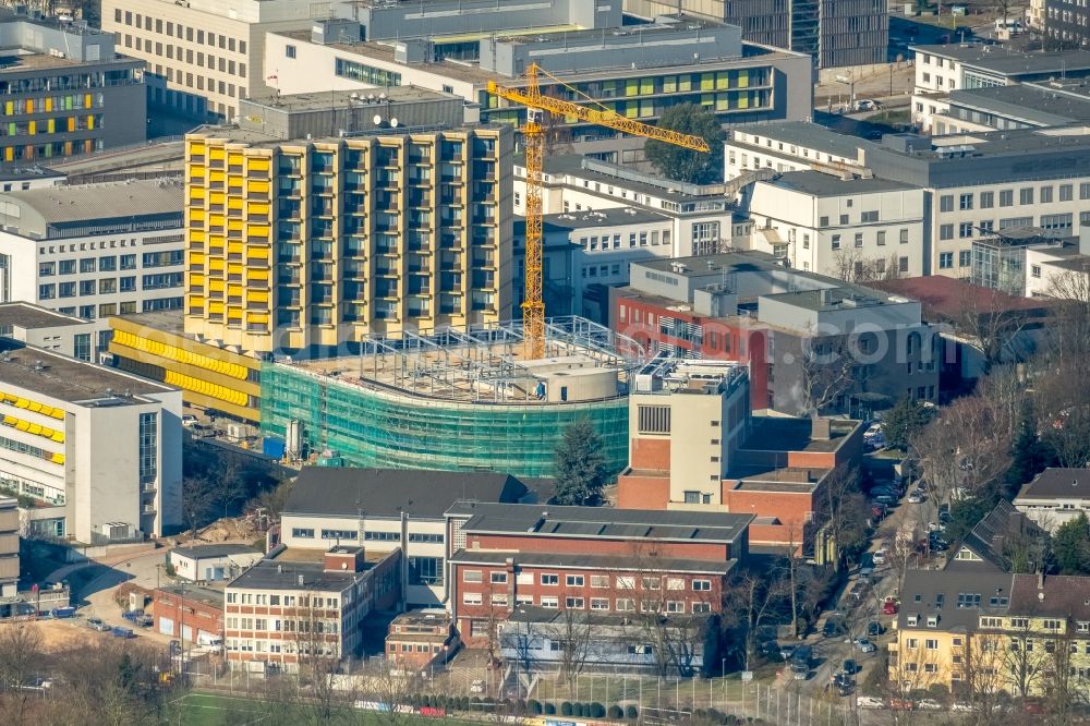 Aerial image Essen - Construction site for a new extension to the hospital grounds Universitaetsklinikum Essen in Essen in the state North Rhine-Westphalia, Germany