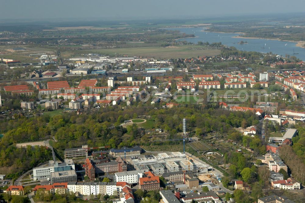 Aerial photograph Brandenburg - Blick auf die Baustelle vom Neubau am Klinikum / Klinik / Krankenhaus Brandenburg. View of the construction site from the clinic / hospital Brandenburg.