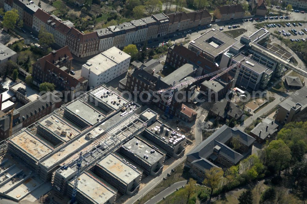 Aerial image Brandenburg - Blick auf die Baustelle vom Neubau am Klinikum / Klinik / Krankenhaus Brandenburg. View of the construction site from the clinic / hospital Brandenburg.