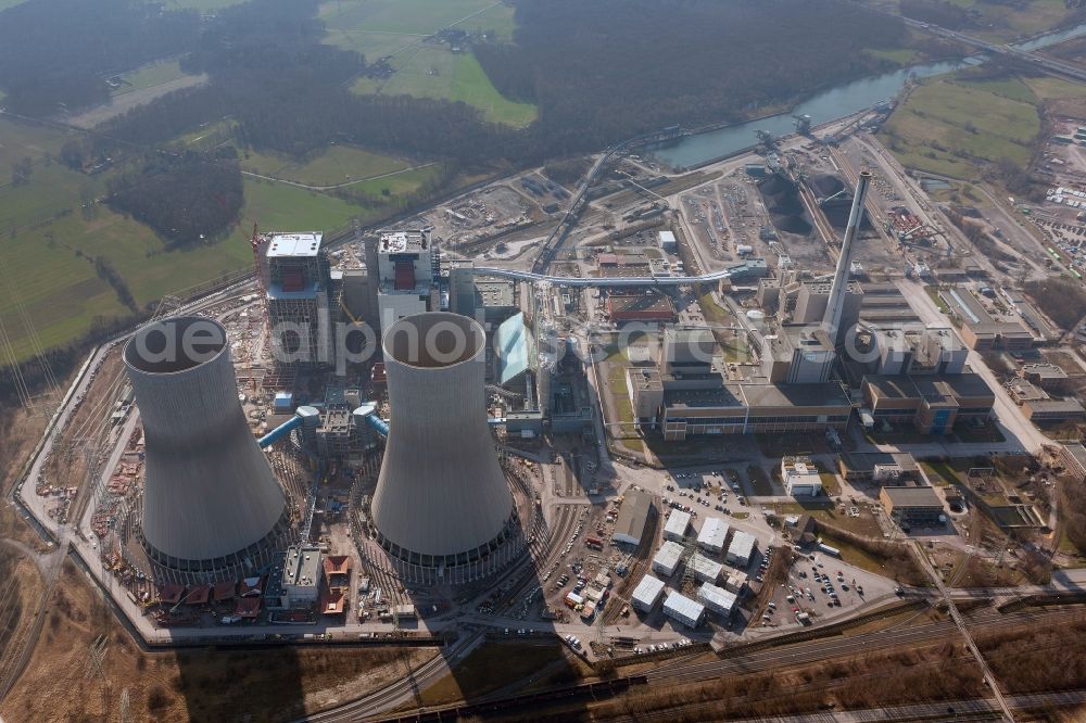 Hamm from above - Construction site at the powerhouse / coal power station in the district Hamm-Uentrop with the former nuclear power station NPS / atomic plant THTR-300 in North Rhine-Westphalia