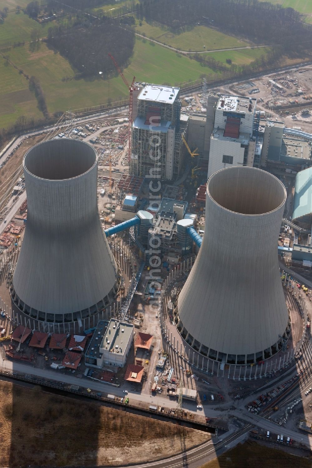 Aerial image Hamm - Construction site at the powerhouse / coal power station in the district Hamm-Uentrop with the former nuclear power station NPS / atomic plant THTR-300 in North Rhine-Westphalia