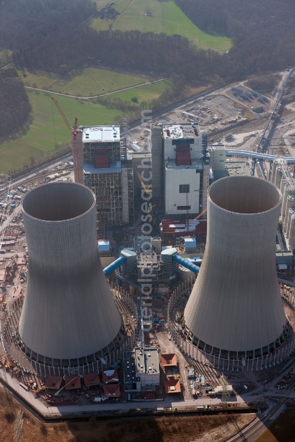 Hamm from above - Construction site at the powerhouse / coal power station in the district Hamm-Uentrop with the former nuclear power station NPS / atomic plant THTR-300 in North Rhine-Westphalia