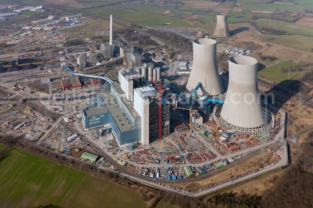 Aerial photograph Hamm - Construction site at the powerhouse / coal power station in the district Hamm-Uentrop with the former nuclear power station NPS / atomic plant THTR-300 in North Rhine-Westphalia