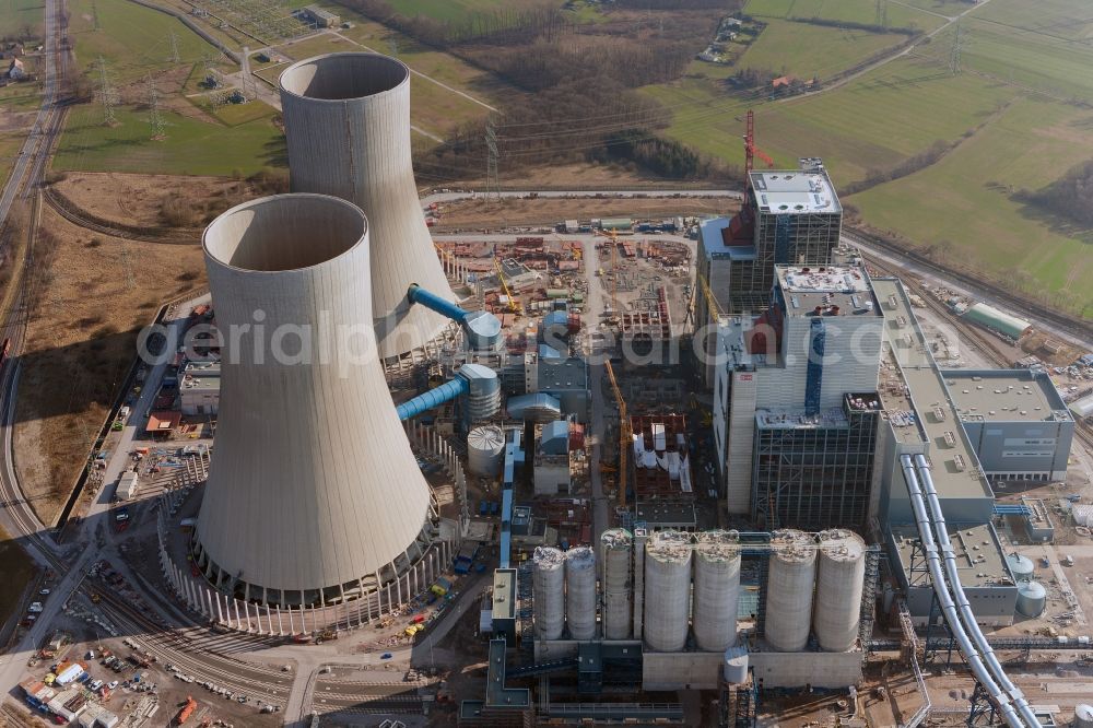 Aerial photograph Hamm - Construction site at the powerhouse / coal power station in the district Hamm-Uentrop with the former nuclear power station NPS / atomic plant THTR-300 in North Rhine-Westphalia