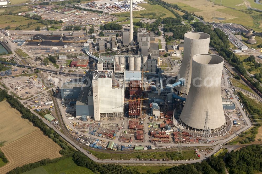 Aerial image Hamm - Construction site at the powerhouse / coal power station in the district Hamm-Uentrop with the former nuclear power station NPS / atomic plant THTR-300 in North Rhine-Westphalia