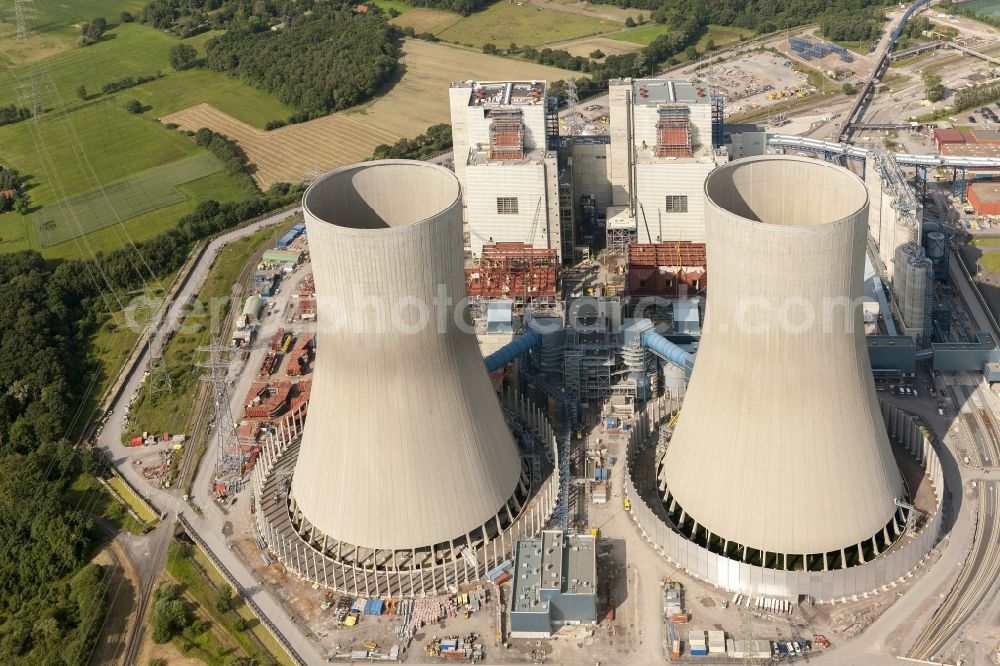 Hamm from above - Construction site at the powerhouse / coal power station in the district Hamm-Uentrop with the former nuclear power station NPS / atomic plant THTR-300 in North Rhine-Westphalia