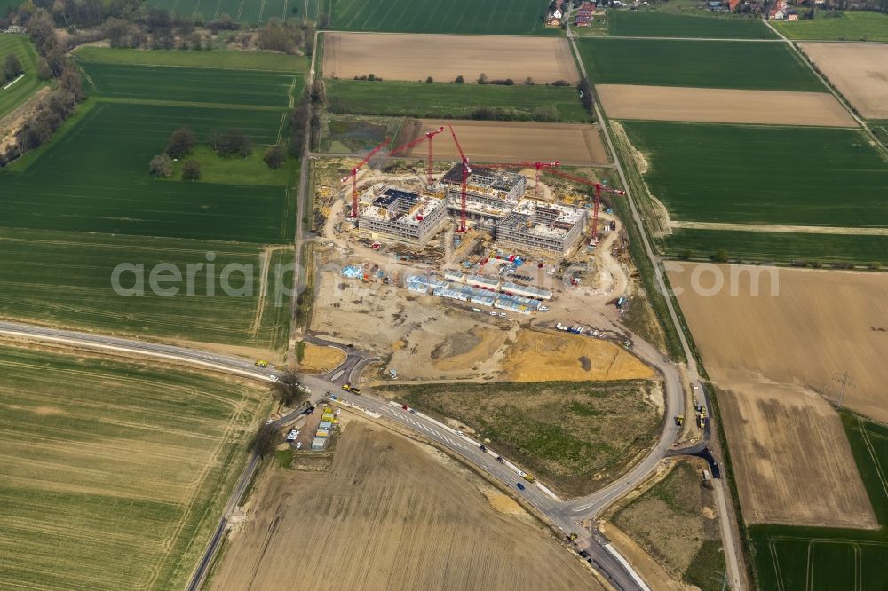 Obernkirchen from the bird's eye view: Construction site on the hospital grounds to build a new hospital for the total Schaumburg district of Upper churches in Lower Saxony