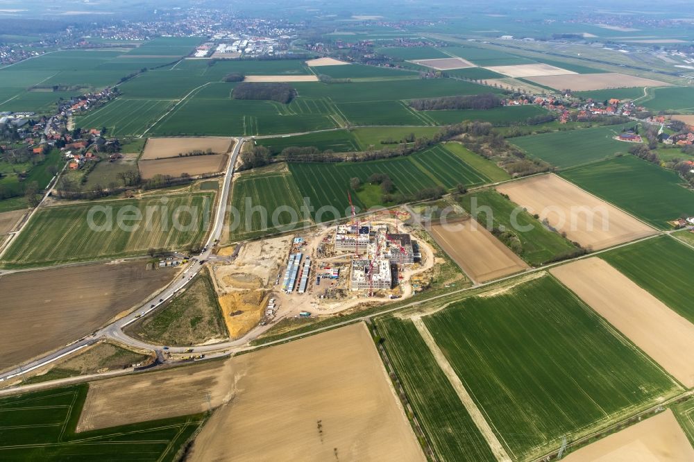 Obernkirchen from the bird's eye view: Construction site on the hospital grounds to build a new hospital for the total Schaumburg district of Upper churches in Lower Saxony