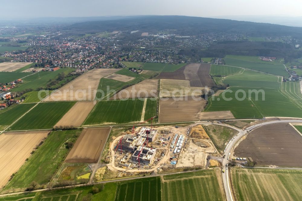 Obernkirchen from the bird's eye view: Construction site on the hospital grounds to build a new hospital for the total Schaumburg district of Upper churches in Lower Saxony