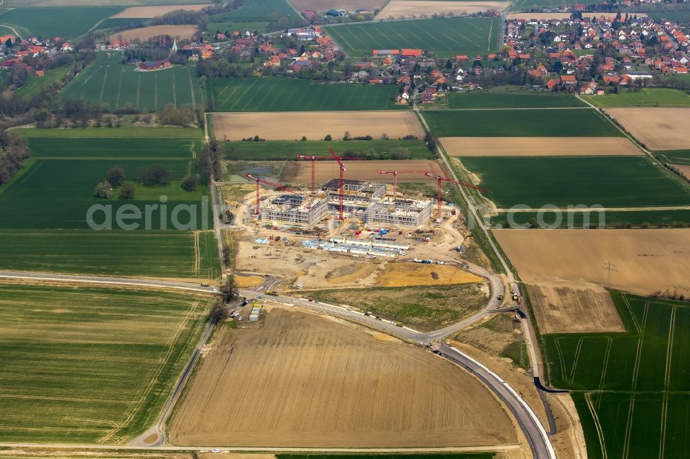 Obernkirchen from the bird's eye view: Construction site on the hospital grounds to build a new hospital for the total Schaumburg district of Upper churches in Lower Saxony