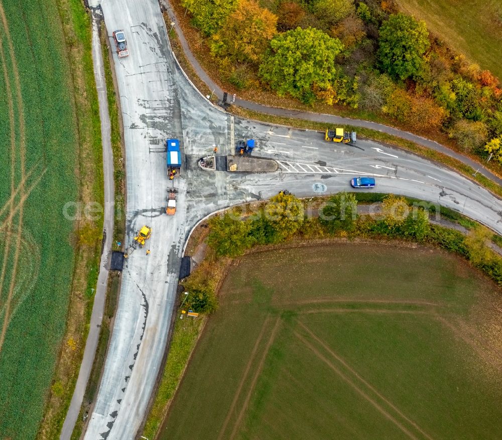 Aerial image Bönen - Construction site road over the crossroads Rhynerner Strasse in Boenen in the state North Rhine-Westphalia, Germany