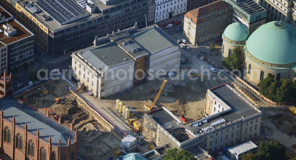 Berlin from above - View of construction site of the Kronprinzengärten in Berlin-Mitte. On the area between the Federal Foreign Office, the Kronprinzenpalais, the Friedrichswerder Church and the Oberwallstreet created an exclusive building complex of luxury apartments. This new project is implemented by the Bauwert Investment Group