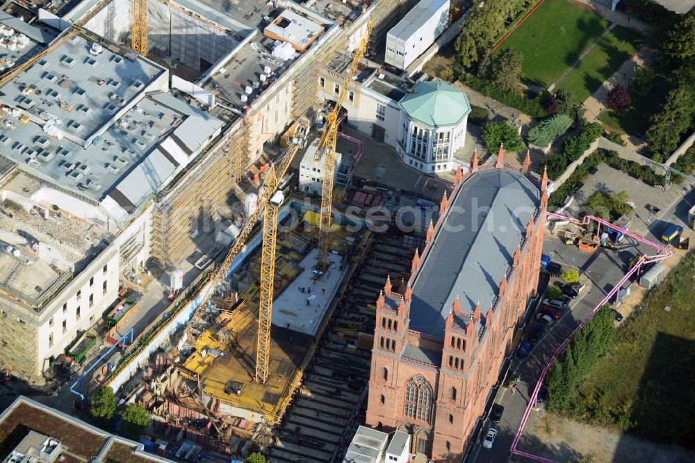 Berlin from above - View of construction site of the Kronprinzengärten in Berlin-Mitte. On the area between the Federal Foreign Office, the Kronprinzenpalais, the Friedrichswerder Church and the Oberwallstreet created an exclusive building complex of luxury apartments. This new project is implemented by the Bauwert Investment Group