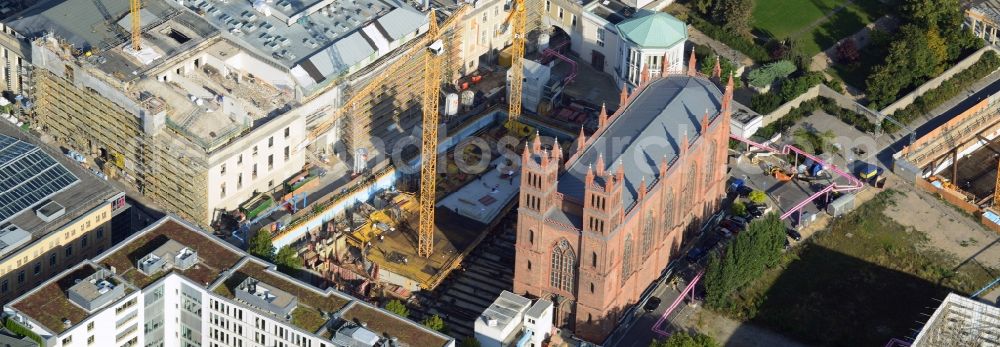 Berlin from above - View of construction site of the Kronprinzengärten in Berlin-Mitte. On the area between the Federal Foreign Office, the Kronprinzenpalais, the Friedrichswerder Church and the Oberwallstreet created an exclusive building complex of luxury apartments. This new project is implemented by the Bauwert Investment Group