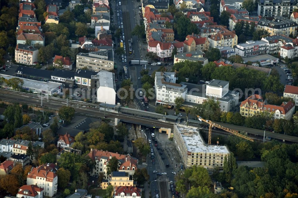 Aerial image Berlin - New construction comany Mark-A. Krueger Bauunternehmung GmbH of the building complex of the shopping center Treskowallee - Am Carlsgarten on city- train station Karlshorst in Berlin