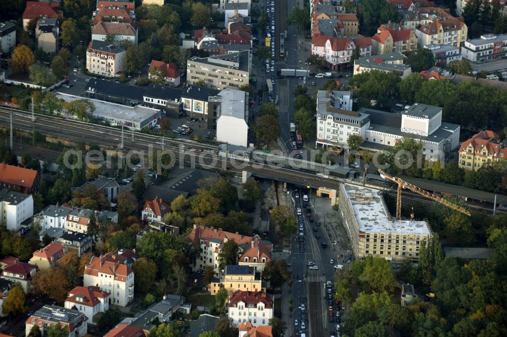 Aerial photograph Berlin - New construction comany Mark-A. Krueger Bauunternehmung GmbH of the building complex of the shopping center Treskowallee - Am Carlsgarten on city- train station Karlshorst in Berlin