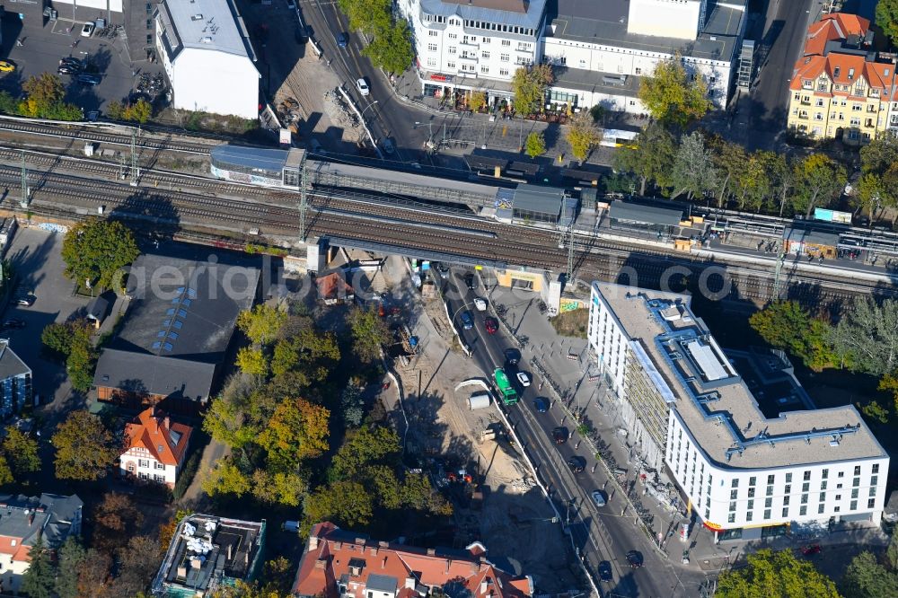 Aerial image Berlin - New construction comany Mark-A. Krueger Bauunternehmung GmbH of the building complex of the shopping center Treskowallee - Am Carlsgarten on city- train station Karlshorst in Berlin