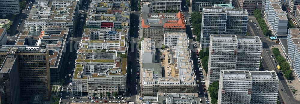 Berlin from above - Constuction site Markgrafenkarree in the Krausenstrasse - Jerusalemer Strasse in Berlin. The building was commissioned by the Axel Springer AG and implemented by the architects Thomas Mueller, Ivan Reimann and Stefan Forster