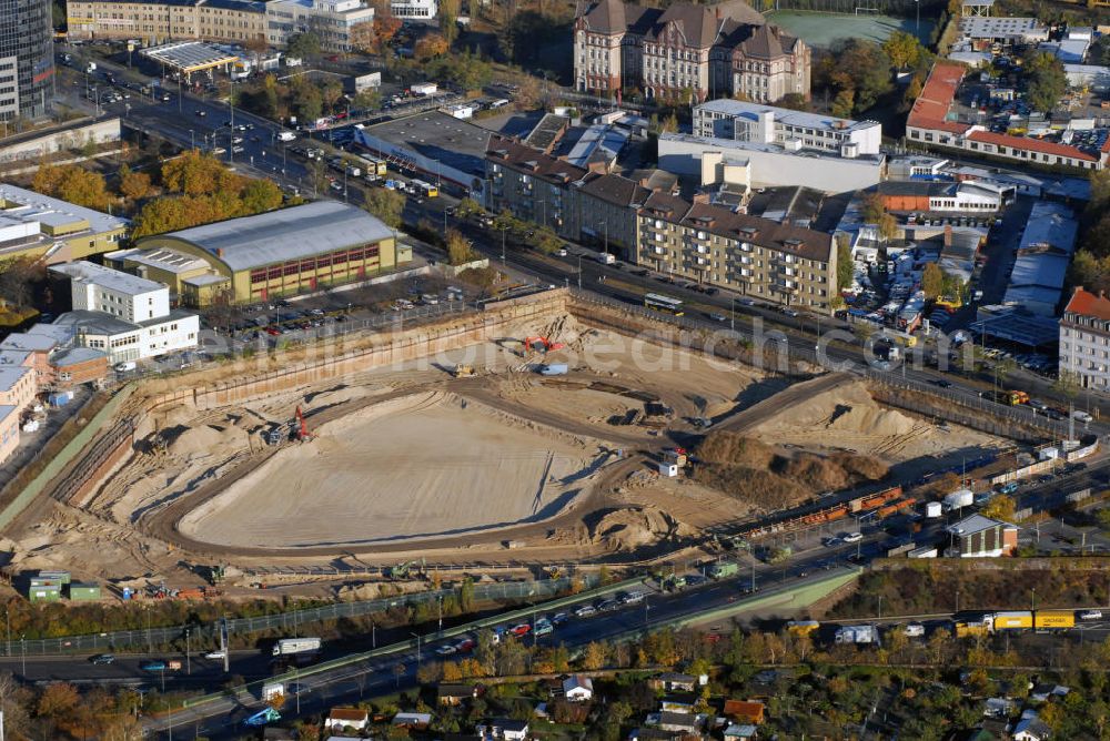 Aerial photograph Berlin - Blick auf die Baustelle im Dreieck Priesterweg, Sachsendamm und Vorarlberger Damm in Tempelhof-Schöneberg. Auf dem Gelände der einstigen Radrennbahn steht heute das Möbelhaus Kraft. Kontakt: Möbel Kraft GmbH & Co. KG, Sachsendamm 20, 10829 Berlin, Tel: 030/76107-335, E-Mail: info@moebel-kraft.de / Ausführende Baufirma ist die Klebl GmbH, Gößweinstr. 2, 92318 Neumarkt, Tel.: 09181900-0, E-Mail: frank.michaela@klebl.de, klebl@klebl.de / Investor ist: Lutz Neubert, Lutz-Unternehmensgruppe, Römerstr. 39, A-4600 Wels,