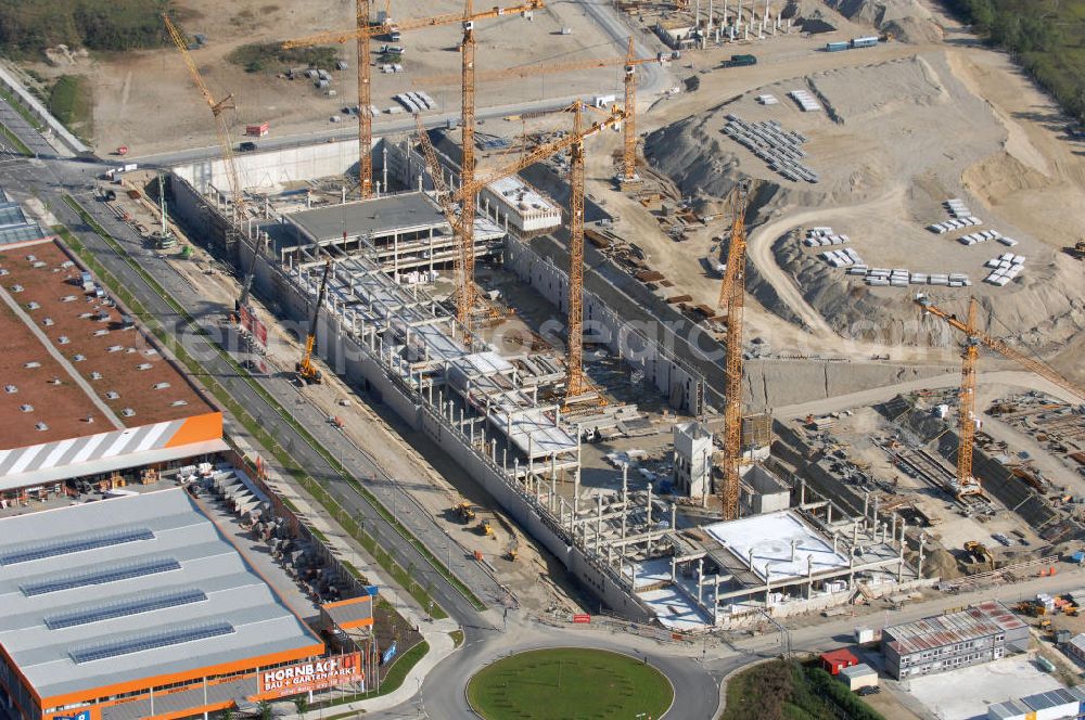 Aerial image MÜNCHEN - Blick auf die Baustelle des Möbelhauses Höffner an der Hans-Steinkohl-Strasse im Südwesten Münchens Ausführende Baufirma ist die Klebl GmbH,Gößweinstraße 2,92318 Neumarkt,Tel.: (0 91 81) 9 00-0,frank.michaela@klebl.de,E-Mail: klebl@klebl.de