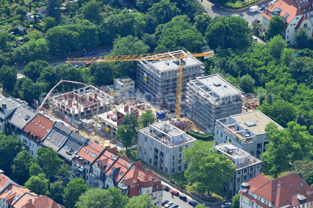 Leipzig from the bird's eye view: Construction of several townhouses / apartment buildings due by Heitkamp Construction on the road Ehrenstein - Prellerstrasse - Kickerlingsberg in Leipzig in Saxony