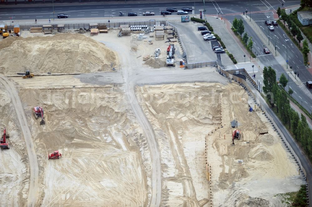 Berlin from the bird's eye view: View of construction site at the exhibition venue Cube City Exhibition Grounds in Berlin Charlottenburg. On the site of the demolished Germany Hall is to be completed by the end of 2013, designed by the architectural firm UNIQUE CODE suitable congress hall