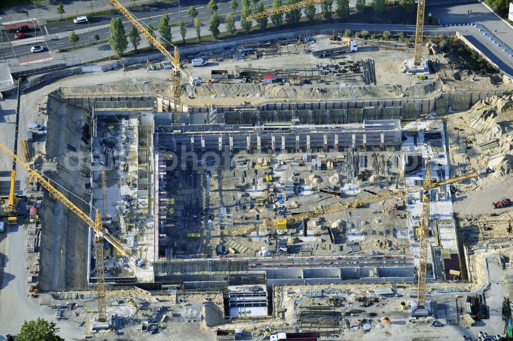 Berlin from the bird's eye view: View of construction site at the exhibition venue Cube City Exhibition Grounds in Berlin Charlottenburg. On the site of the demolished Germany Hall is to be completed by the end of 2013, designed by the architectural firm UNIQUE CODE suitable congress hall