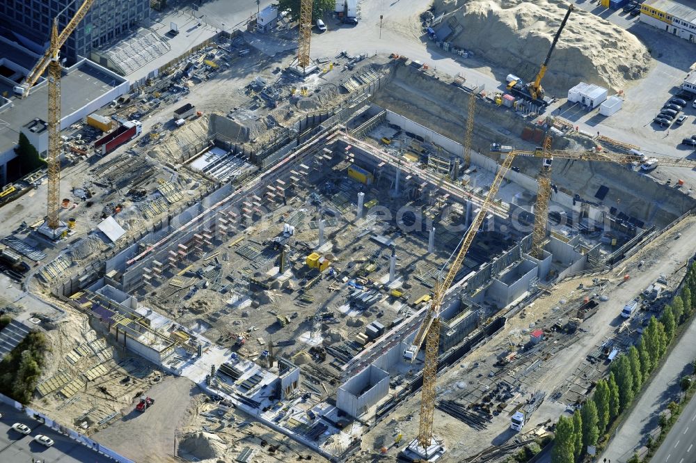 Berlin from above - View of construction site at the exhibition venue Cube City Exhibition Grounds in Berlin Charlottenburg. On the site of the demolished Germany Hall is to be completed by the end of 2013, designed by the architectural firm UNIQUE CODE suitable congress hall