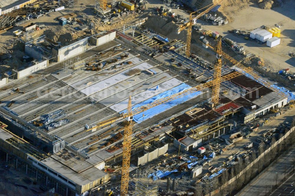 Berlin from above - View of construction site at the exhibition venue Cube City Exhibition Grounds in Berlin Charlottenburg. On the site of the demolished Germany Hall is to be completed by the end of 2013, designed by the architectural firm UNIQUE CODE suitable congress hall