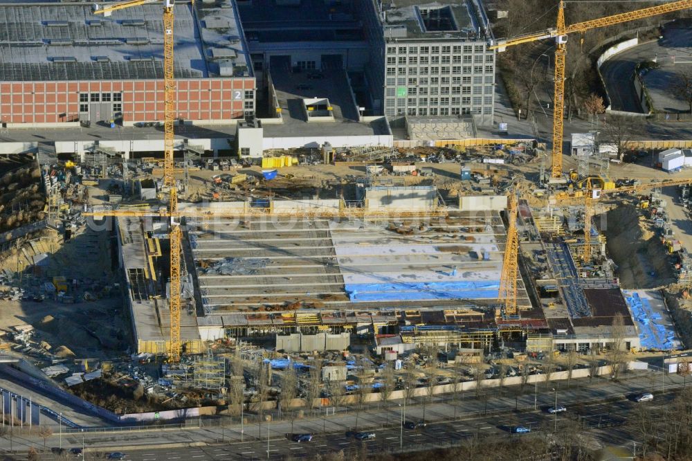 Aerial image Berlin - View of construction site at the exhibition venue Cube City Exhibition Grounds in Berlin Charlottenburg. On the site of the demolished Germany Hall is to be completed by the end of 2013, designed by the architectural firm UNIQUE CODE suitable congress hall