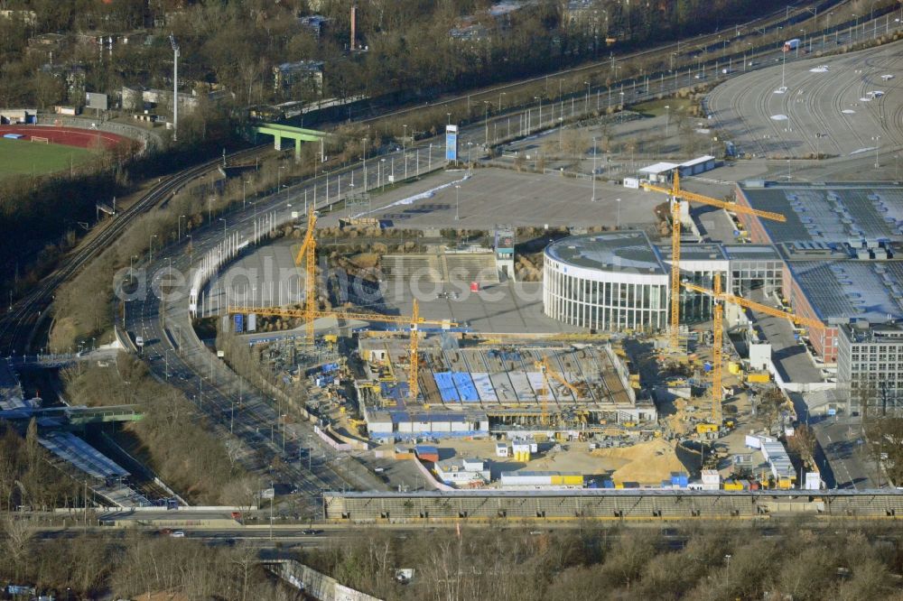 Berlin from above - View of construction site at the exhibition venue Cube City Exhibition Grounds in Berlin Charlottenburg. On the site of the demolished Germany Hall is to be completed by the end of 2013, designed by the architectural firm UNIQUE CODE suitable congress hall