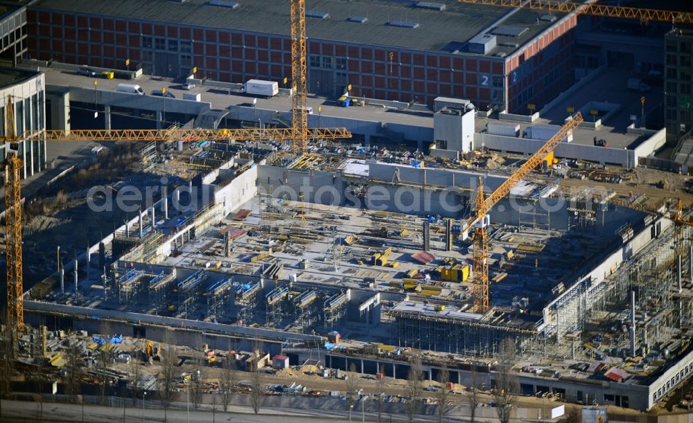 Berlin from the bird's eye view: View of construction site at the exhibition venue Cube City Exhibition Grounds in Berlin Charlottenburg. On the site of the demolished Germany Hall is to be completed by the end of 2013, designed by the architectural firm UNIQUE CODE suitable congress hall