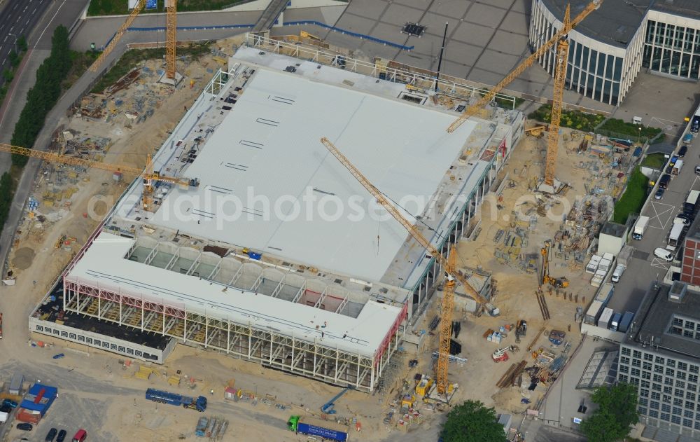 Aerial photograph Berlin - View of construction site at the exhibition venue Cube City Exhibition Grounds in Berlin Charlottenburg. On the site of the demolished Germany Hall is to be completed by the end of 2013, designed by the architectural firm UNIQUE CODE suitable congress hall