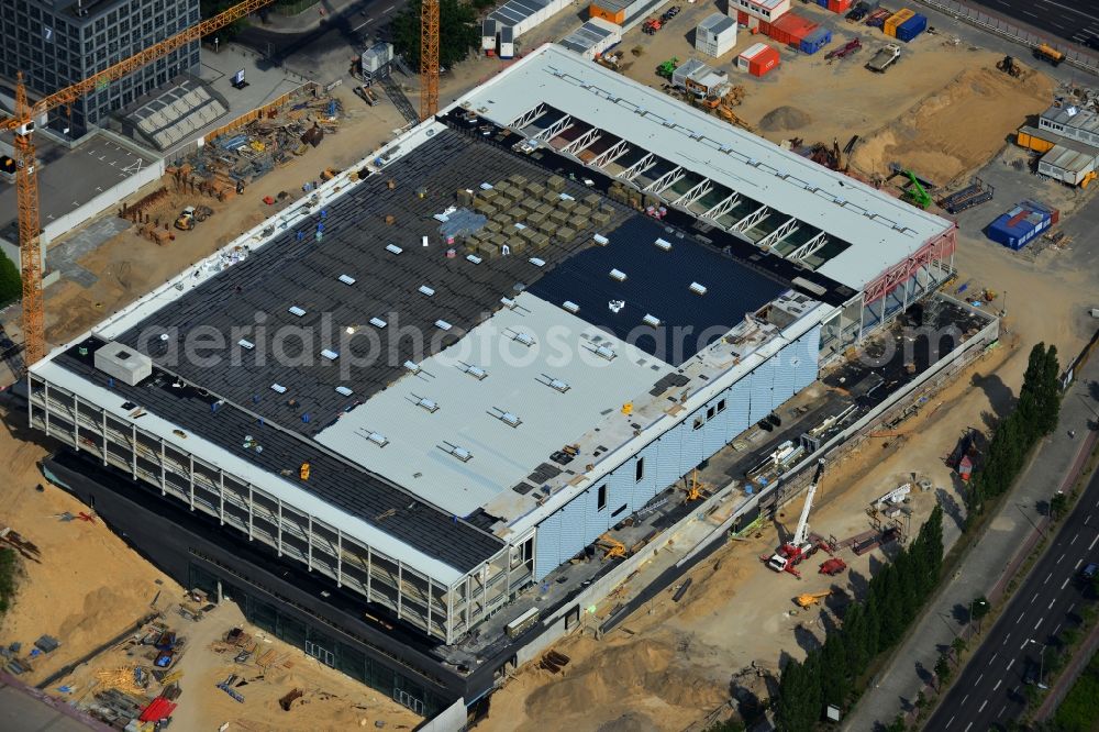 Berlin from above - View of construction site at the exhibition venue Cube City Exhibition Grounds in Berlin Charlottenburg. On the site of the demolished Germany Hall is to be completed by the end of 2013, designed by the architectural firm UNIQUE CODE suitable congress hall