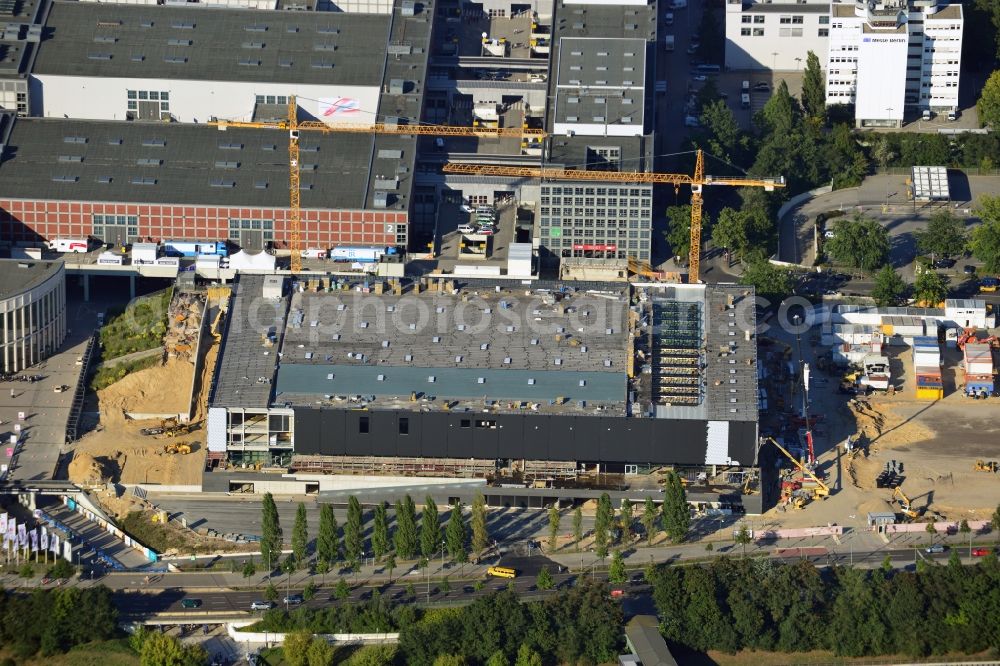 Berlin from above - View of construction site at the exhibition venue Cube City Exhibition Grounds in Berlin Charlottenburg. On the site of the demolished Germany Hall is to be completed by the end of 2013, designed by the architectural firm UNIQUE CODE suitable congress hall