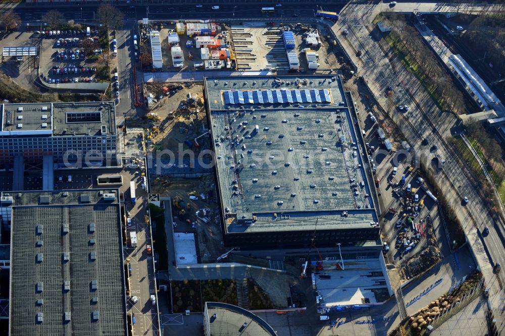 Berlin from above - View of construction site at the exhibition venue Cube City Exhibition Grounds in Berlin Charlottenburg. On the site of the demolished Germany Hall is to be completed by the end of 2013, designed by the architectural firm UNIQUE CODE suitable congress hall