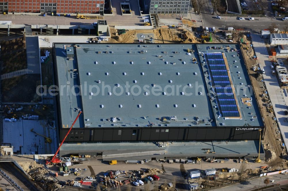 Aerial image Berlin - View of construction site at the exhibition venue Cube City Exhibition Grounds in Berlin Charlottenburg. On the site of the demolished Germany Hall is designed by the architectural firm UNIQUE CODE suitable congress hall