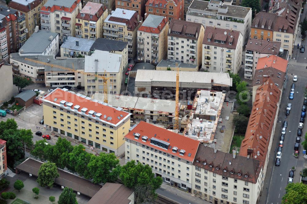 Aerial photograph Stuttgart - View at the construction site of the Bebel street in Stuttgart. The cooperative building company SWSG invests into the construction of 32 rented flats that will be finished in September 2011