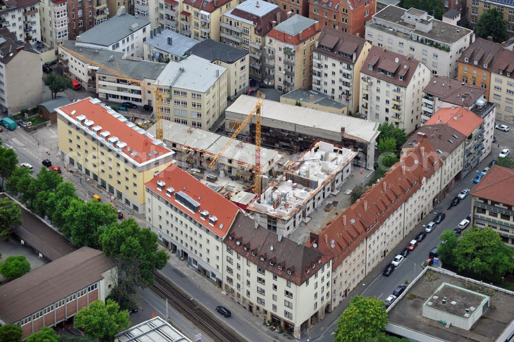 Stuttgart from above - View at the construction site of the Bebel street in Stuttgart. The cooperative building company SWSG invests into the construction of 32 rented flats that will be finished in September 2011