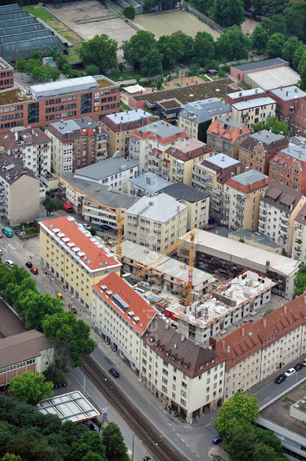 Stuttgart from the bird's eye view: View at the construction site of the Bebel street in Stuttgart. The cooperative building company SWSG invests into the construction of 32 rented flats that will be finished in September 2011