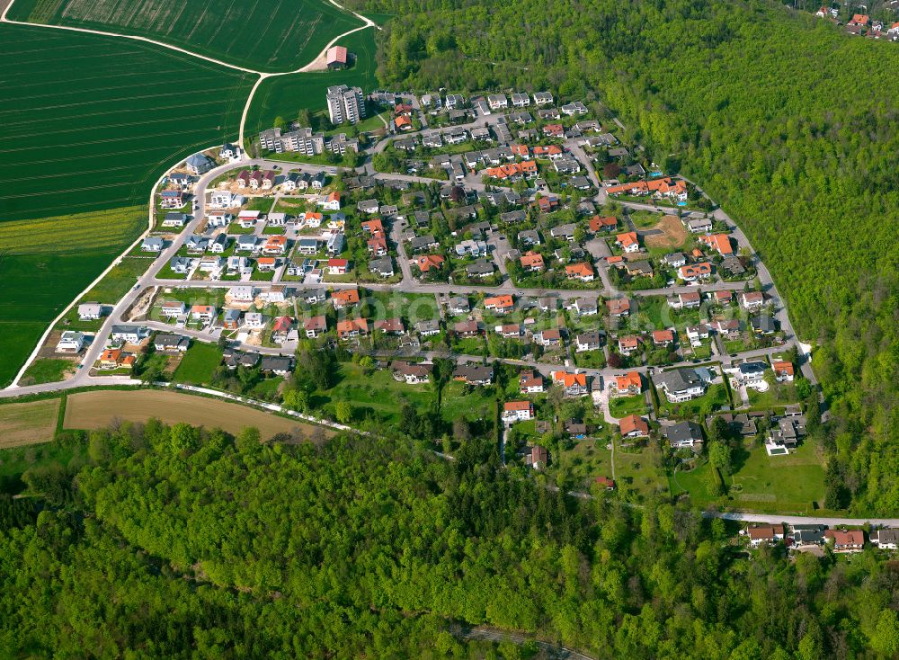 Herrlingen from the bird's eye view: Residential area construction site of a mixed development with multi-family houses and single-family houses- New building at the in Herrlingen in the state Baden-Wuerttemberg, Germany