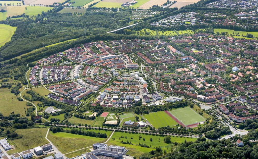 Aerial photograph Paderborn - Residential area construction site of a mixed development with multi-family houses and single-family houses- New building at the on street Borgentreicher Weg in Paderborn in the state North Rhine-Westphalia, Germany