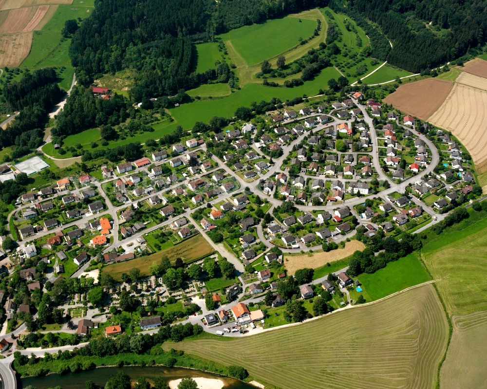 Sigmaringendorf from the bird's eye view: Residential area construction site of a mixed development with multi-family houses and single-family houses- New building at the in Sigmaringendorf in the state Baden-Wuerttemberg, Germany