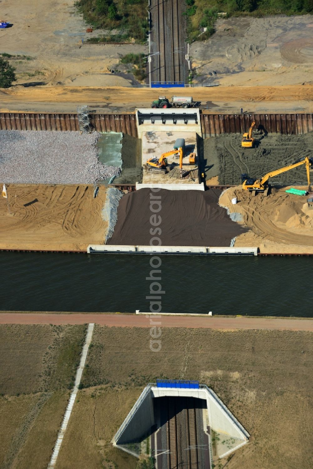 Wolmirstedt from above - Construction to deepen the Mittelland Canal at Wolmirstedt in Saxony-Anhalt