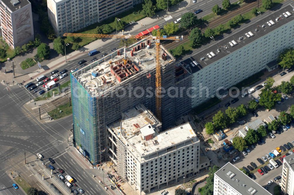 Aerial photograph Berlin - Blick auf die Baustelle Mollstraße 31 Ecke Otto-Braun-Straße für das neue Wohn- und Geschäftshaus mit dem Namen Königstadt-Carree. Führendes Bauunternehmen ist die DIW Bau GmbH. Kontakt: http://