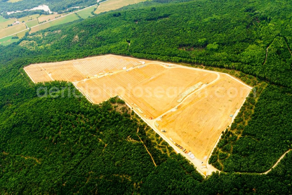 Aerial image La Bâtie-Montsaléon - Construction site and assembly work for solar park and solar power plant in La Batie-Montsaleon in Provence-Alpes-Cote d'Azur, France