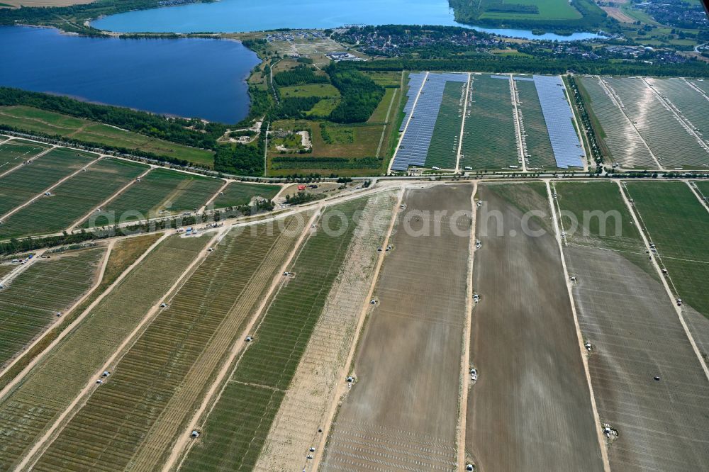 Neukieritzsch from above - Construction site and assembly work for solar park and solar power plant in Neukieritzsch in the state Saxony, Germany